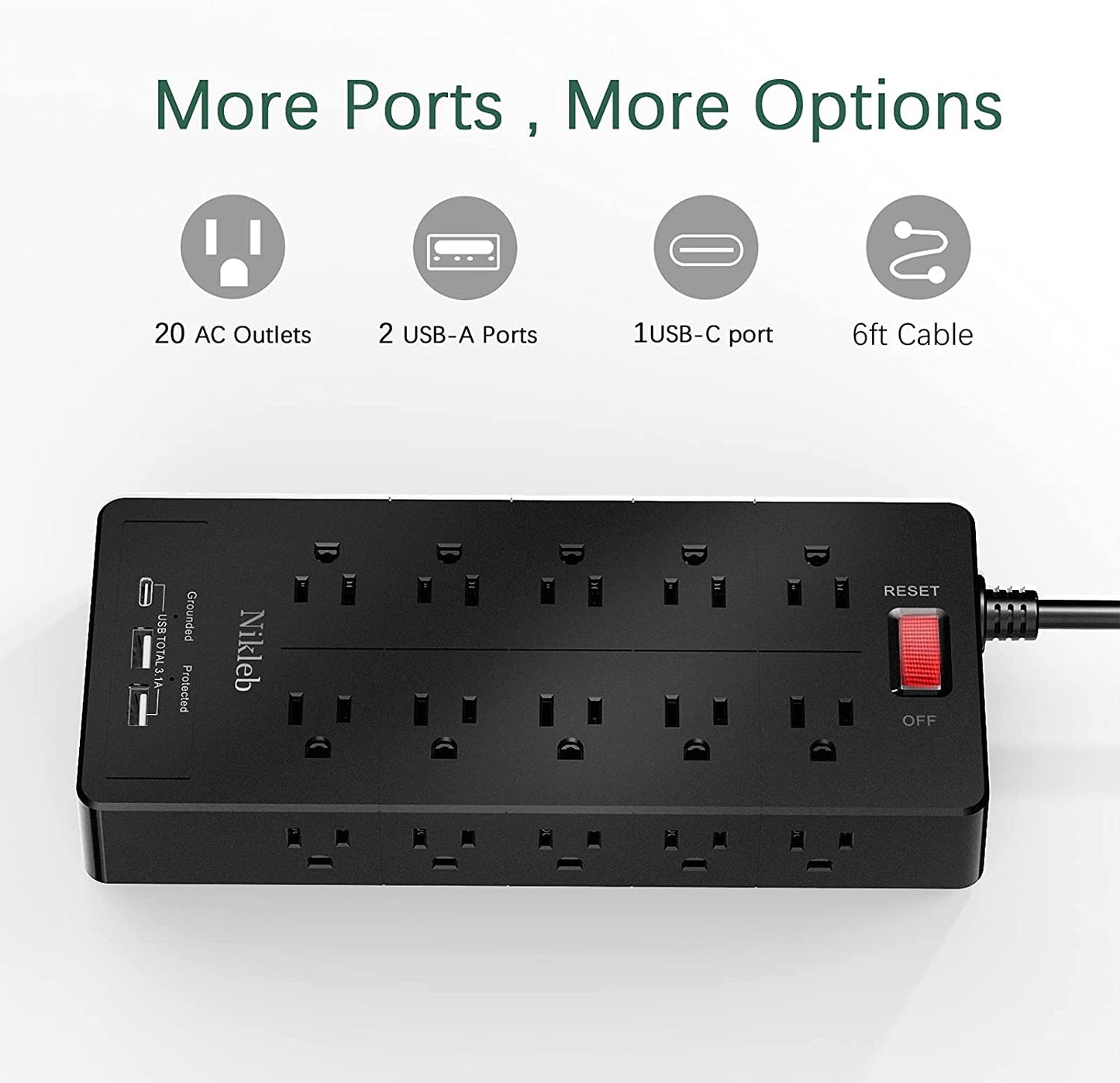 Power Strip 23 in 1, 20 Outlets Surge Protector Wall Mount with 2 USB Ports + 1 USB C Port 3.1A Total, Multi Plug Extension Cord 6Ft Heavy Duty, USB Charging Station for Multiple Devices, Home, Office