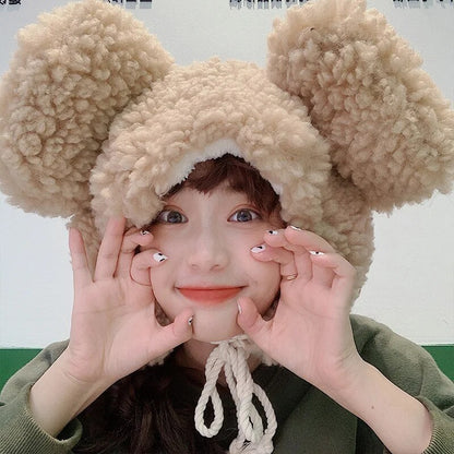 Women'S Winter Hat 2023 Fashion Solid Beanies, Cute Bear Ears , Windproof Cap Earflap Hat w/ Lamb Hair Cap