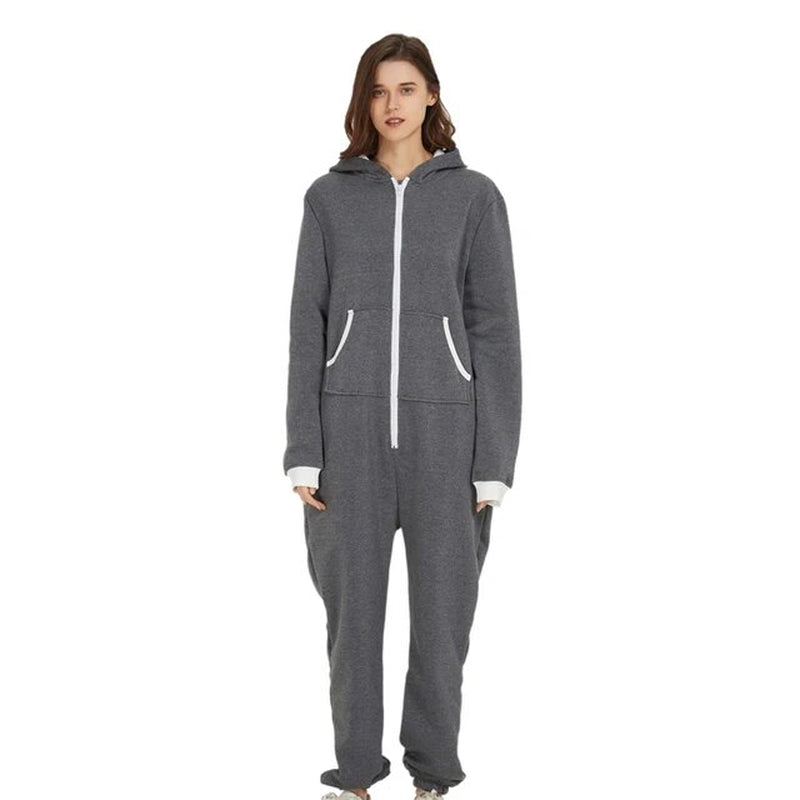 Unisex Sleepwear Jumsuits Hooded Pockets Zipper Onesies One Piece Solid Pajamas Homewear Long Sleeve Nightwear Casual Pyjamas