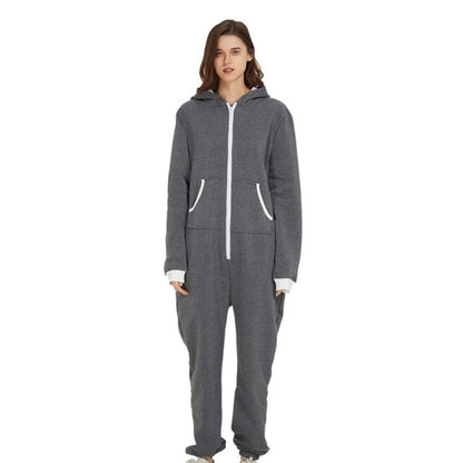 Unisex Sleepwear Jumsuits Hooded Pockets Zipper Onesies One Piece Solid Pajamas Homewear Long Sleeve Nightwear Casual Pyjamas