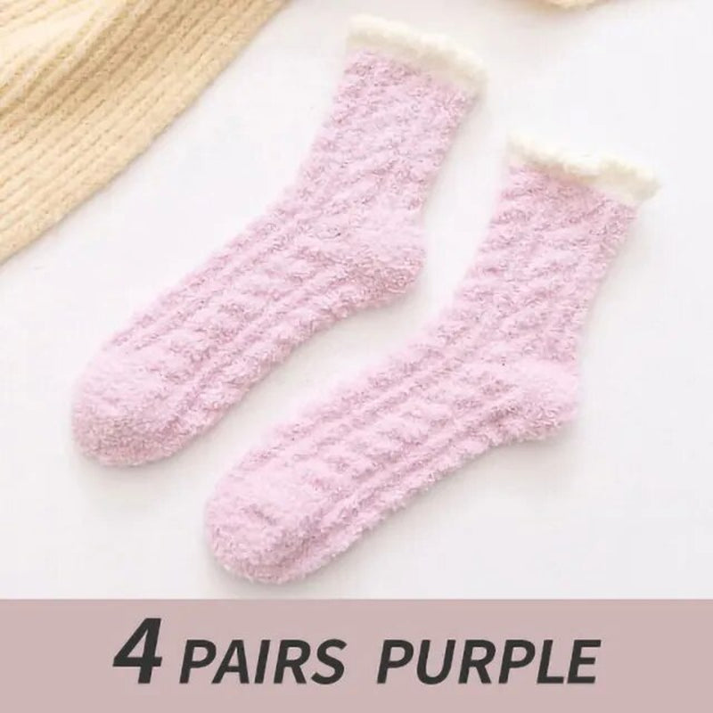 4 Pairs Winter Warm Fluffy Fuzzy Socks Thick Thermal Soft Kawaii Cold Resistance Mid Socks Coral Fleece Floor Sleep Sock