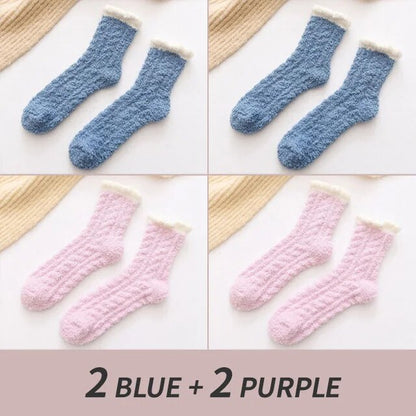 4 Pairs Winter Warm Fluffy Fuzzy Socks Thick Thermal Soft Kawaii Cold Resistance Mid Socks Coral Fleece Floor Sleep Sock