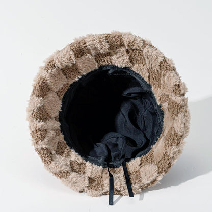 Plush Fisherman Hat for Women Fuzzy Chessboard Bucket Hat Wide Brim Fluffy Warm Cap for Fall Winter Gift 2023
