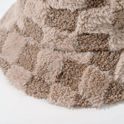 Plush Fisherman Hat for Women Fuzzy Chessboard Bucket Hat Wide Brim Fluffy Warm Cap for Fall Winter Gift 2023