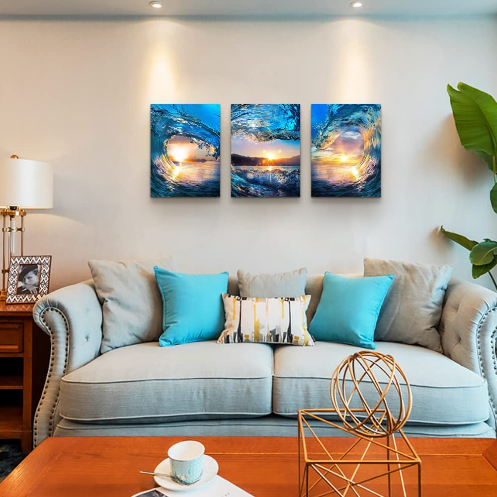 Contemporary Ocean Waves Canvas Wall Art for Home and Office Decor - Blue Sea View Paintings on Canvas - Set of 3 Pieces - Modern Beach Prints - 12" X 16""