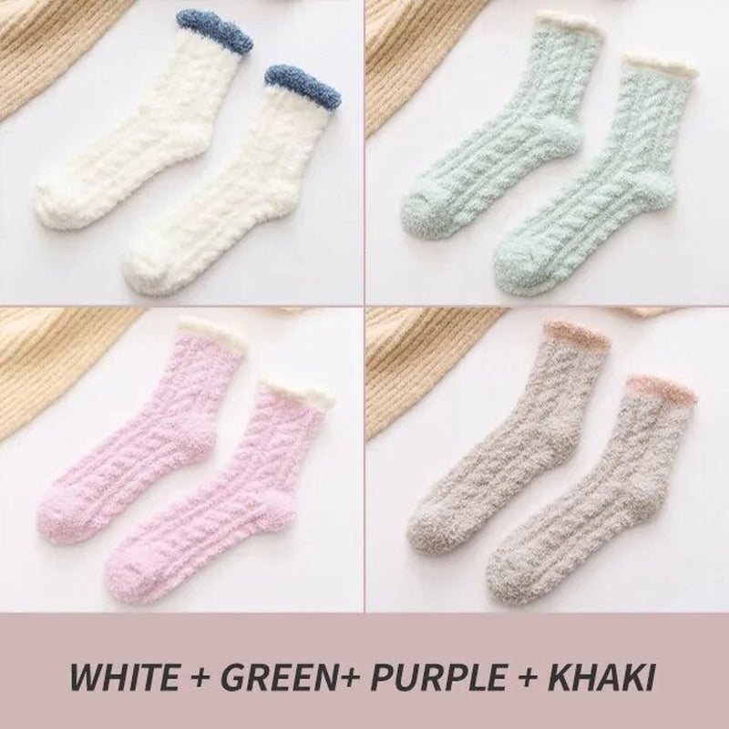 4 Pairs Winter Warm Fluffy Fuzzy Socks Thick Thermal Soft Kawaii Cold Resistance Mid Socks Coral Fleece Floor Sleep Sock