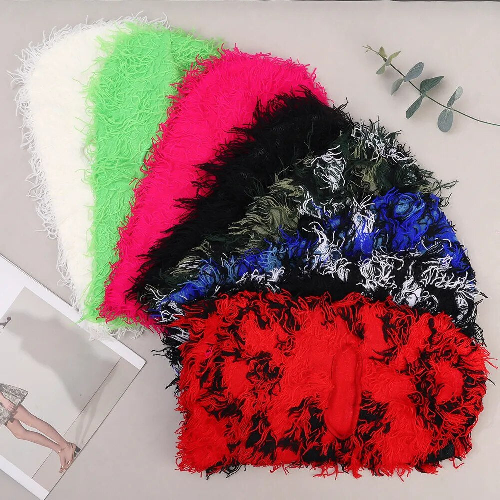  Balaclava Distressed Knitted Caps Full Face Ski Mask Women/Men Outdoor Camouflage Fleece Fuzzy Ski Balaclava BeaniesHat