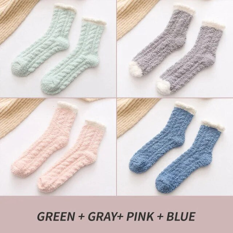 4 Pairs Winter Warm Fluffy Fuzzy Socks Thick Thermal Soft Kawaii Cold Resistance Mid Socks Coral Fleece Floor Sleep Sock