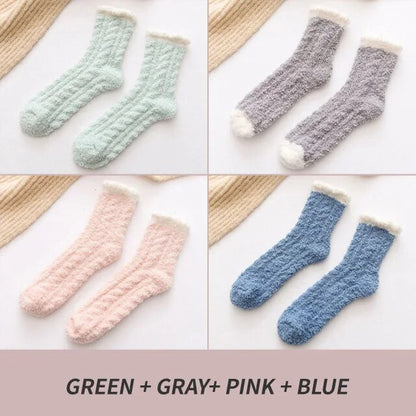 4 Pairs Winter Warm Fluffy Fuzzy Socks Thick Thermal Soft Kawaii Cold Resistance Mid Socks Coral Fleece Floor Sleep Sock