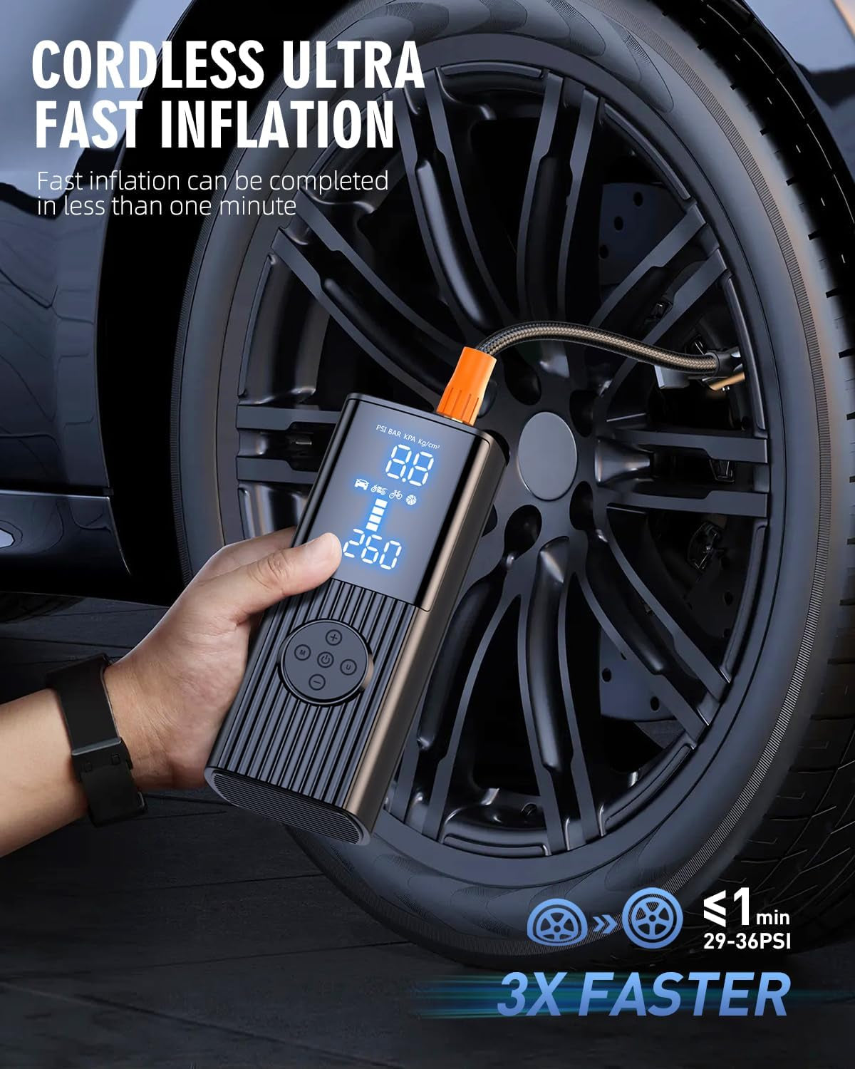 Tire Inflator Portable Air Compressor - 180PSI & 20000Mah Portable Air Pump, Accurate Pressure LCD Display, 3X Fast Inflation for Cars, Bikes & Motorcycle Tires, Balls.