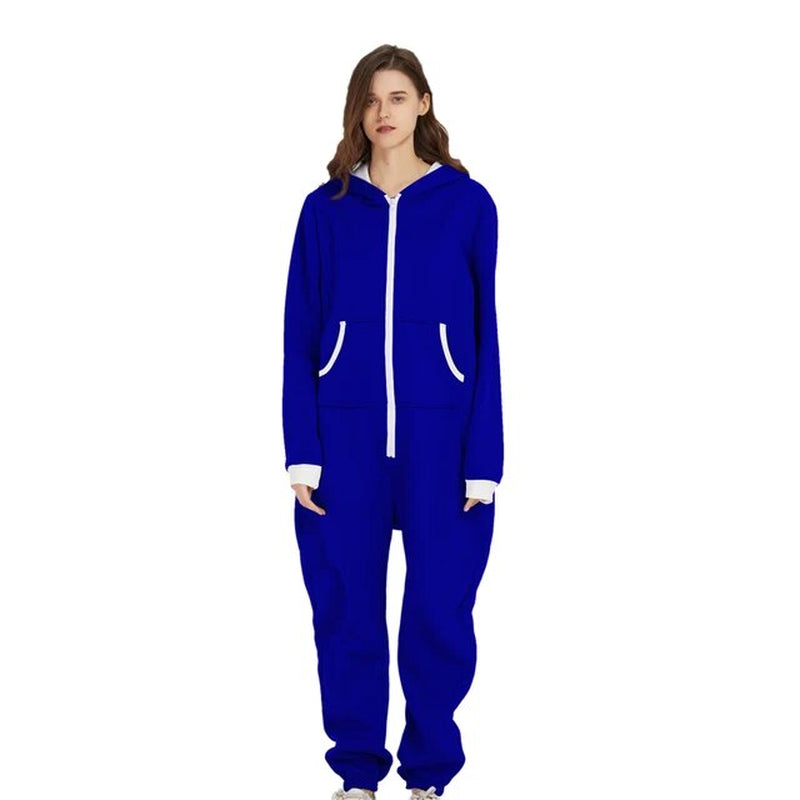 Unisex Sleepwear Jumsuits Hooded Pockets Zipper Onesies One Piece Solid Pajamas Homewear Long Sleeve Nightwear Casual Pyjamas