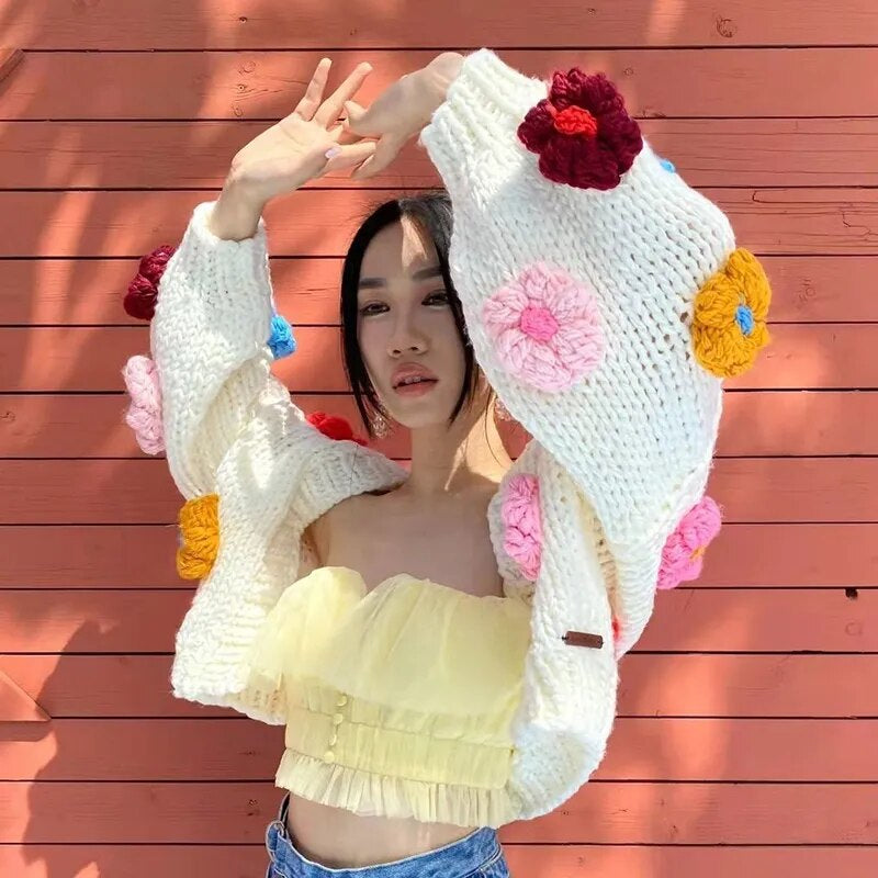 Flower Cardigan Sweater Women's Long Sleeve Crop Knit Sweater 