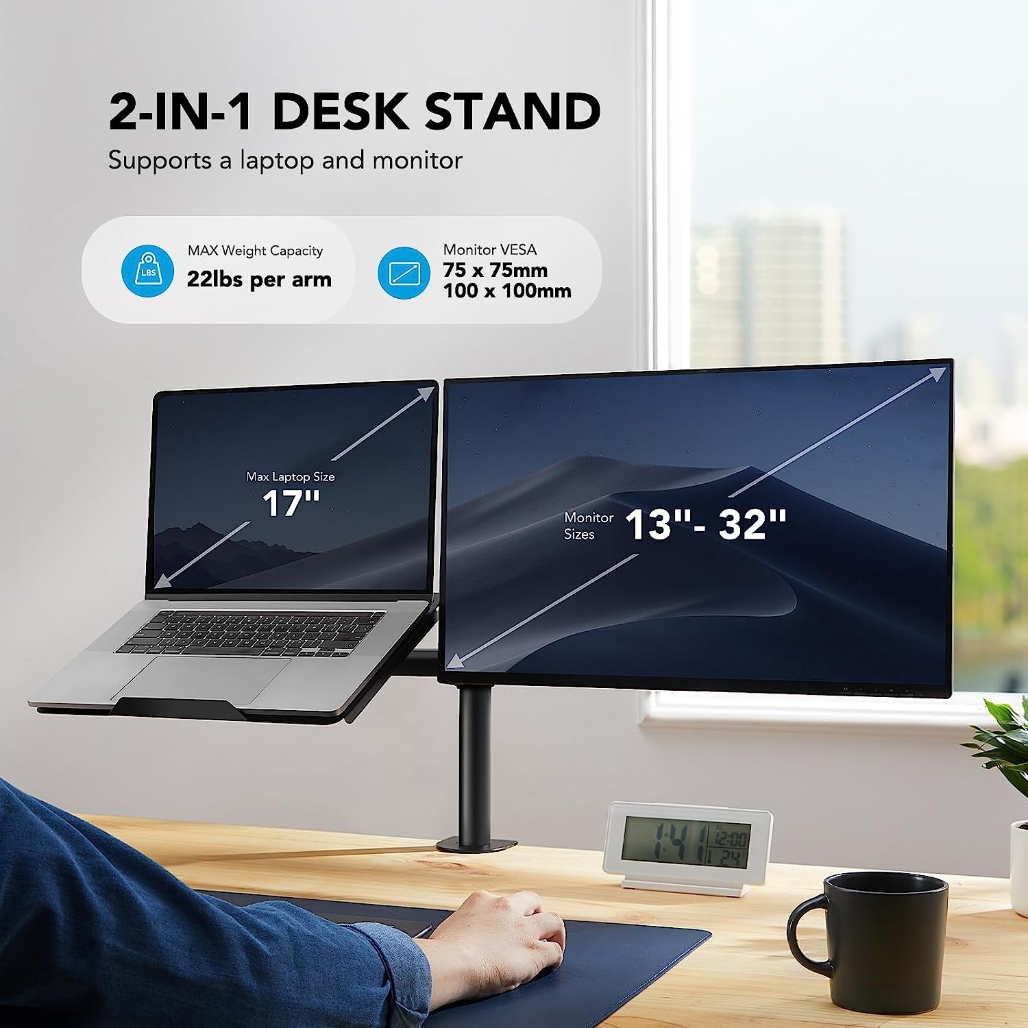 Laptop Monitor Mount,Single Monitor Desk Mount Holds 32 Inch,Laptop Notebook Desk Mount Stand Fits up to 17 Inch,Fully Adjustable Weight up to 22Lbs