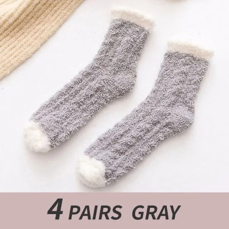 4 Pairs Winter Warm Fluffy Fuzzy Socks Thick Thermal Soft Kawaii Cold Resistance Mid Socks Coral Fleece Floor Sleep Sock