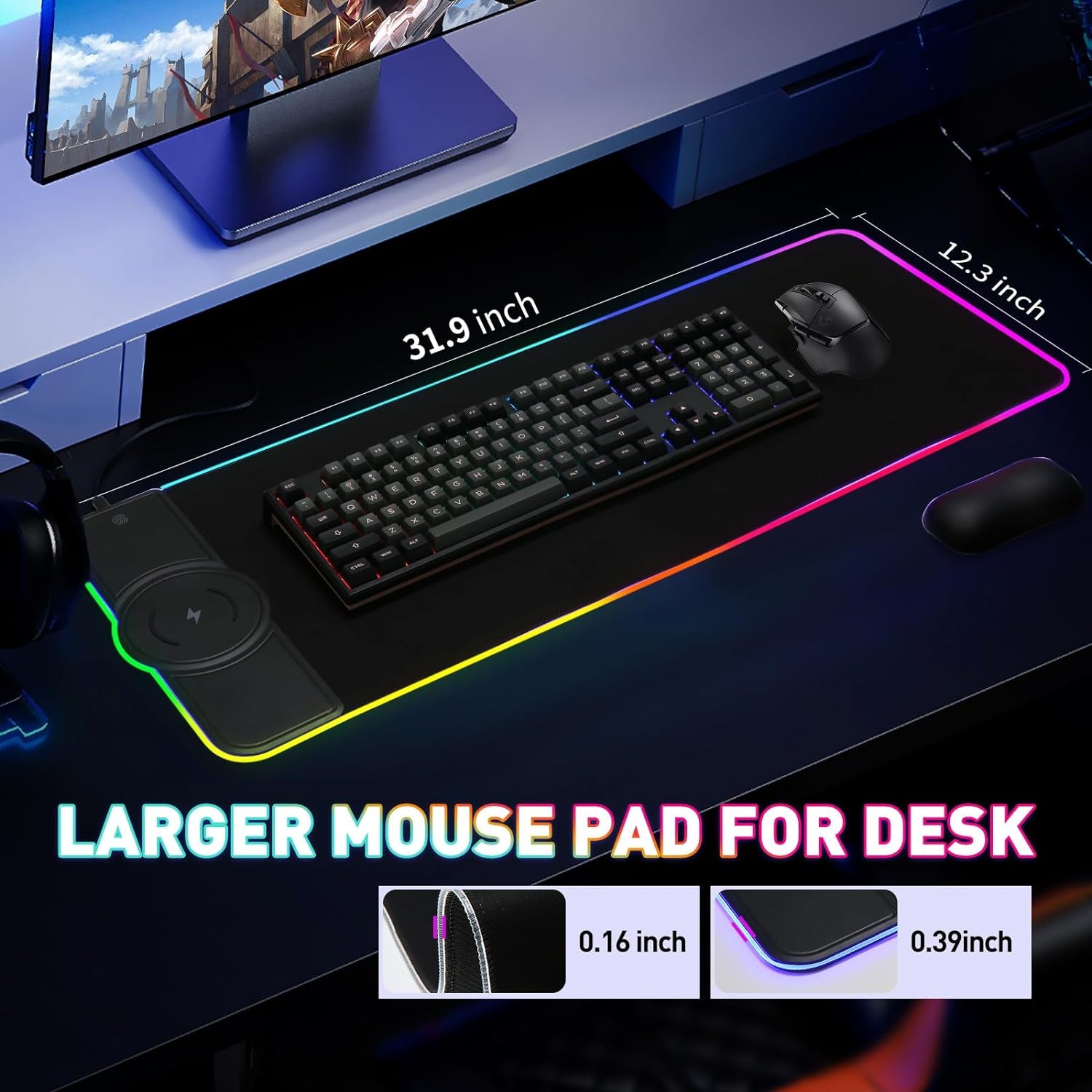 Gaming Mouse Pad with Wireless Charging,25W PD Fast Charging RGB Mousepad Gaming Accessories for Desk,Upgrade Your Gaming and Office Setup with Large Desk Pad (Black-With 25W Pd Charger)
