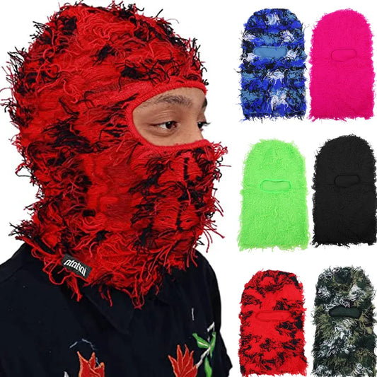  Balaclava Distressed Knitted Caps Full Face Ski Mask Women/Men Outdoor Camouflage Fleece Fuzzy Ski Balaclava BeaniesHat