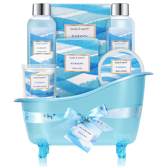 Spa Gift Baskets for Women, 7 Pcs Ocean Bath Set with Bubble Bath, Bath Salt, Body Lotion, Scented Candle, Spa Gifts