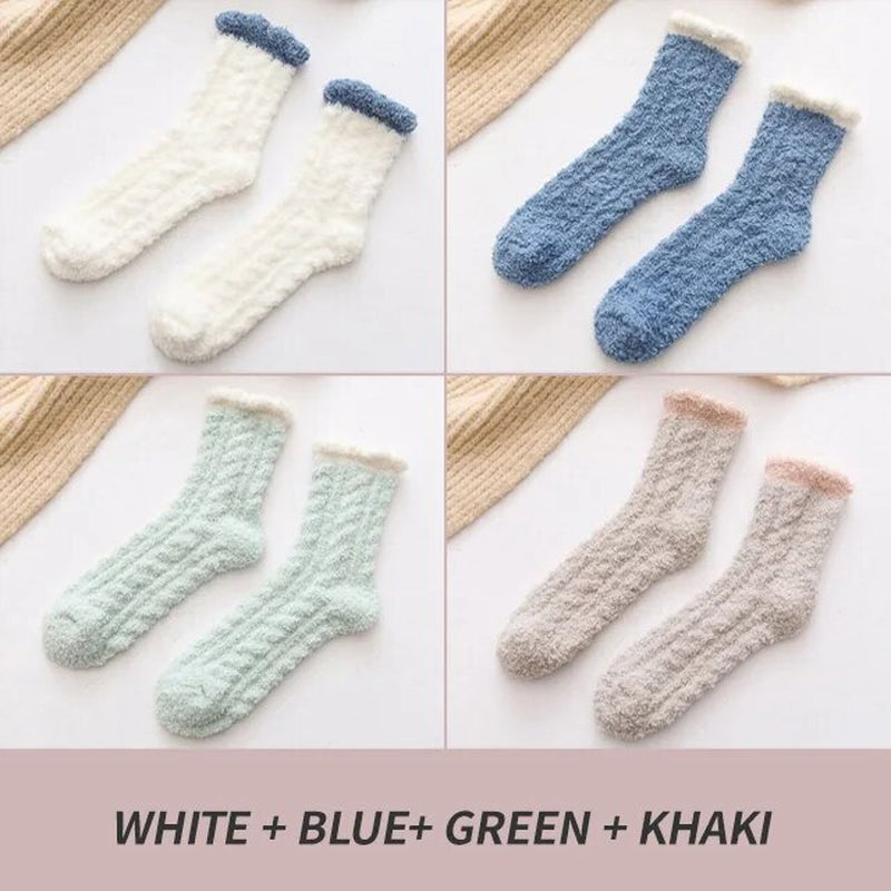 4 Pairs Winter Warm Fluffy Fuzzy Socks Thick Thermal Soft Kawaii Cold Resistance Mid Socks Coral Fleece Floor Sleep Sock