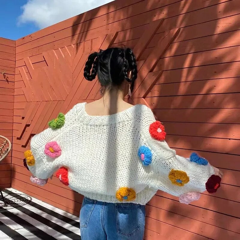 Flower Cardigan Sweater Women's Long Sleeve Crop Knit Sweater 
