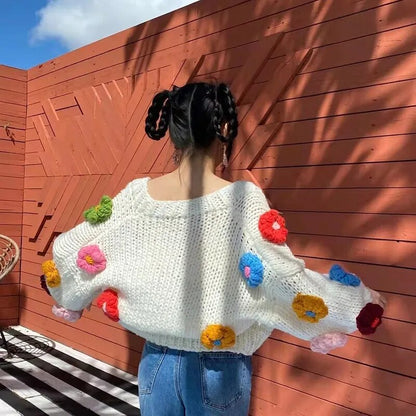 Flower Cardigan Sweater Women's Long Sleeve Crop Knit Sweater 