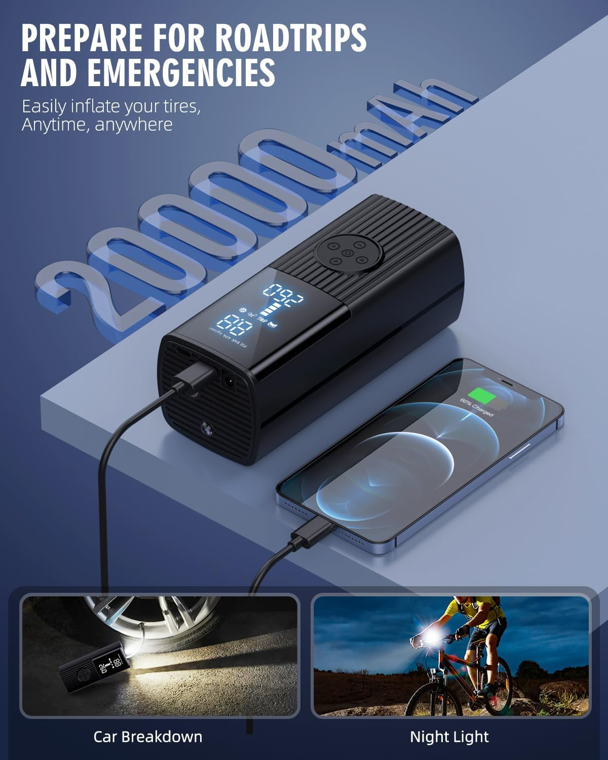 Tire Inflator Portable Air Compressor - 180PSI & 20000Mah Portable Air Pump, Accurate Pressure LCD Display, 3X Fast Inflation for Cars, Bikes & Motorcycle Tires, Balls.