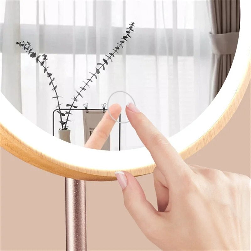 USB Rechargeable Wood Makeup Mirror with LED Light/ Detachable Storage Base 3 Modes