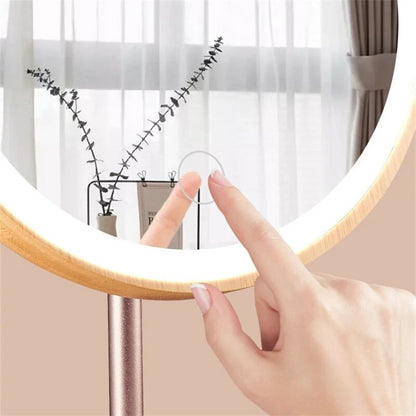 USB Rechargeable Wood Makeup Mirror with LED Light/ Detachable Storage Base 3 Modes