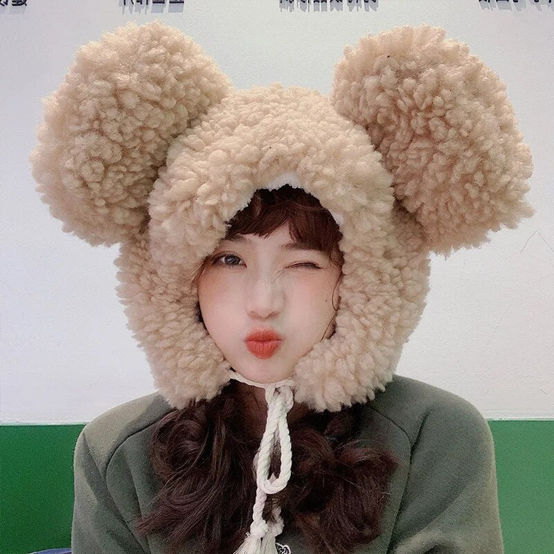 Women'S Winter Hat 2023 Fashion Solid Beanies, Cute Bear Ears , Windproof Cap Earflap Hat w/ Lamb Hair Cap