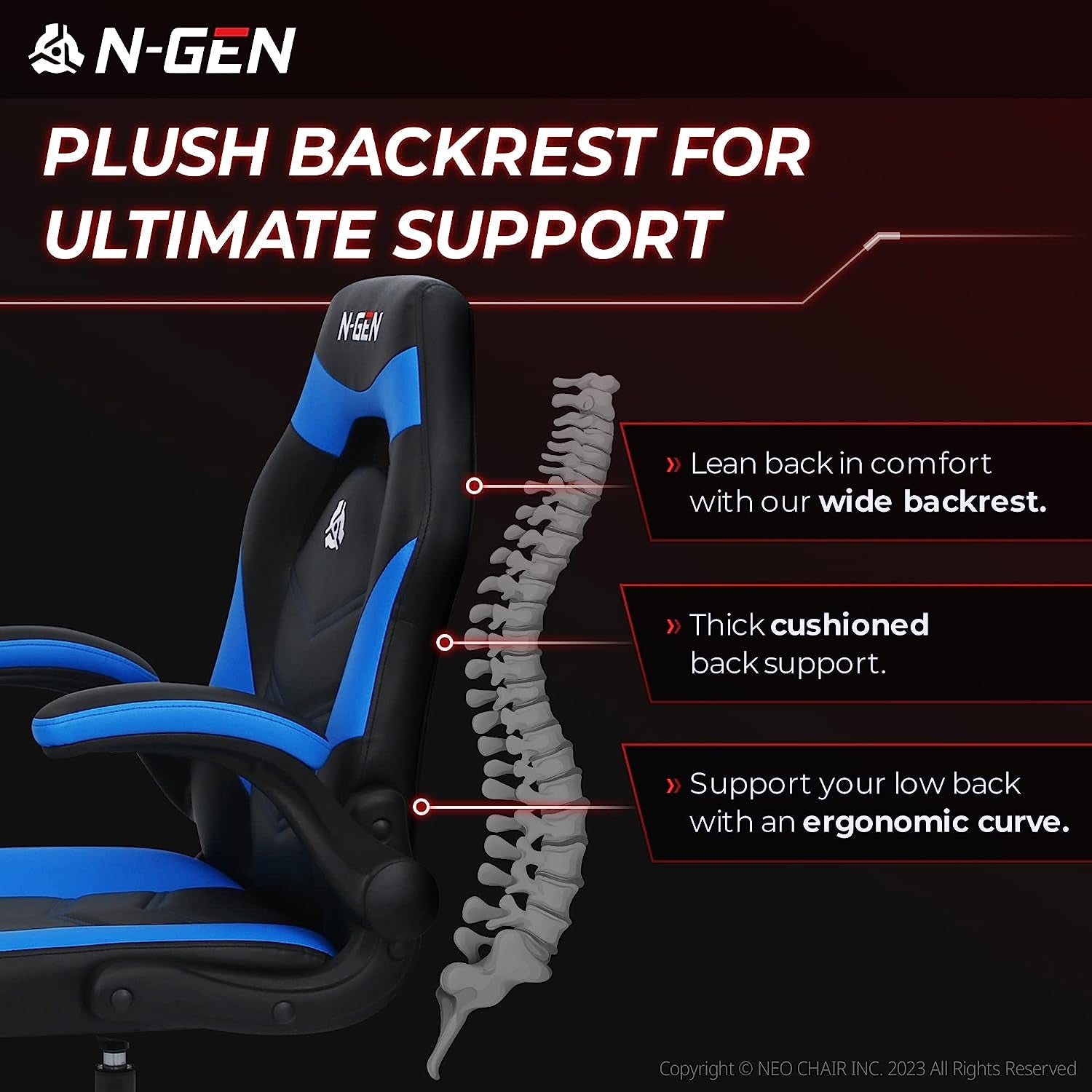 N-GEN Video Gaming Computer Chair Ergonomic Office Chair Desk Chair with Lumbar Support Flip up Arms Adjustable Height Swivel PU Leather Executive PC Chair with Wheels for Adults Women Men (Blue)