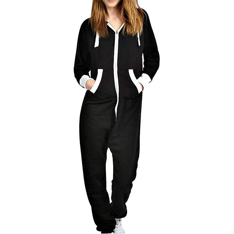 Unisex Sleepwear Jumsuits Hooded Pockets Zipper Onesies One Piece Solid Pajamas Homewear Long Sleeve Nightwear Casual Pyjamas
