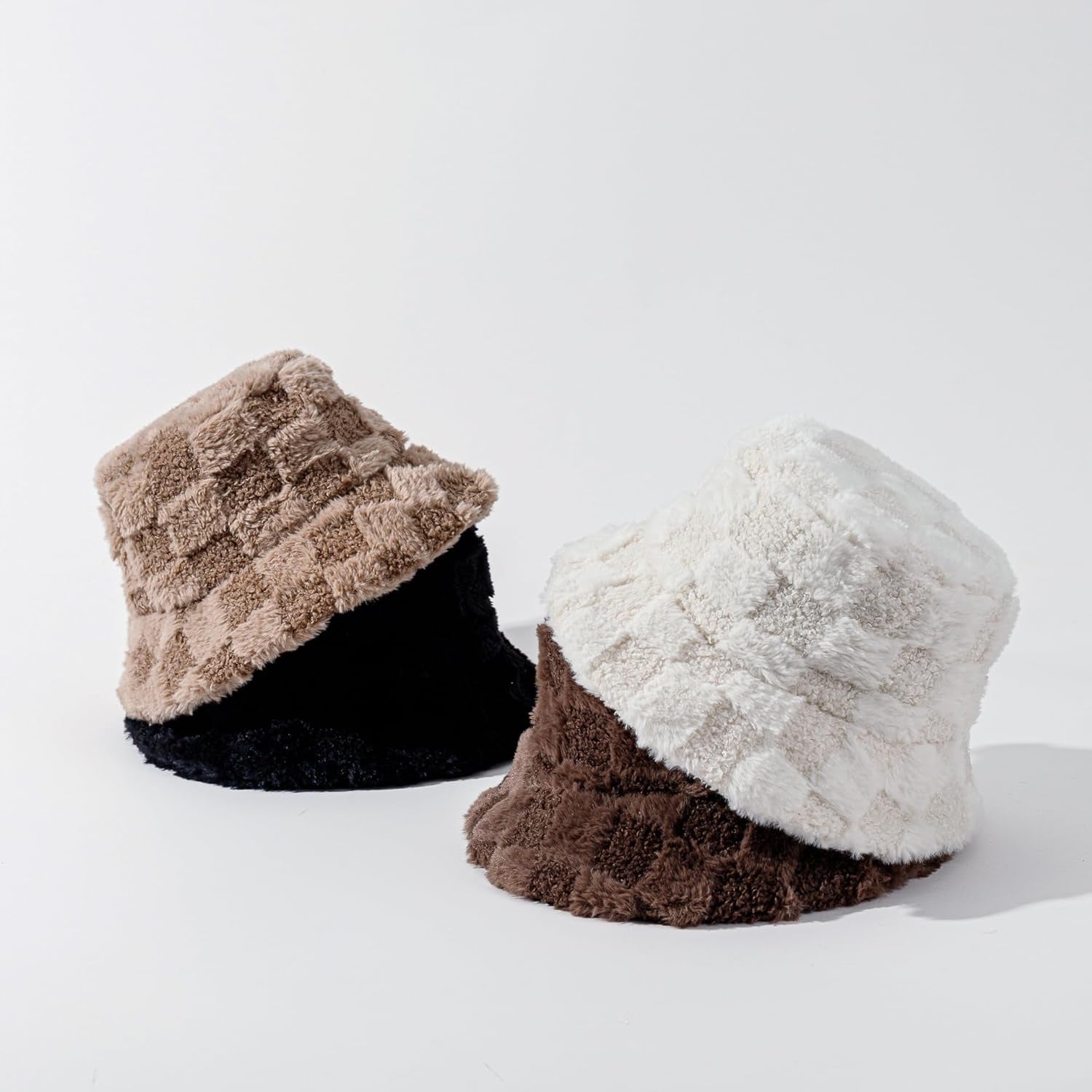 Plush Fisherman Hat for Women Fuzzy Chessboard Bucket Hat Wide Brim Fluffy Warm Cap for Fall Winter Gift 2023