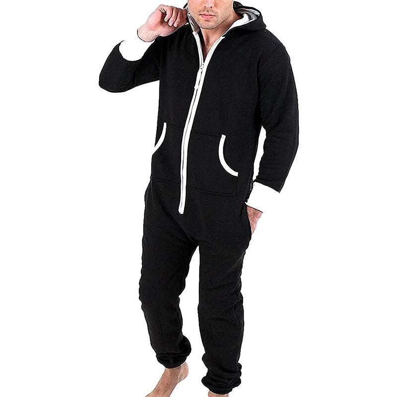 Unisex Sleepwear Jumsuits Hooded Pockets Zipper Onesies One Piece Solid Pajamas Homewear Long Sleeve Nightwear Casual Pyjamas