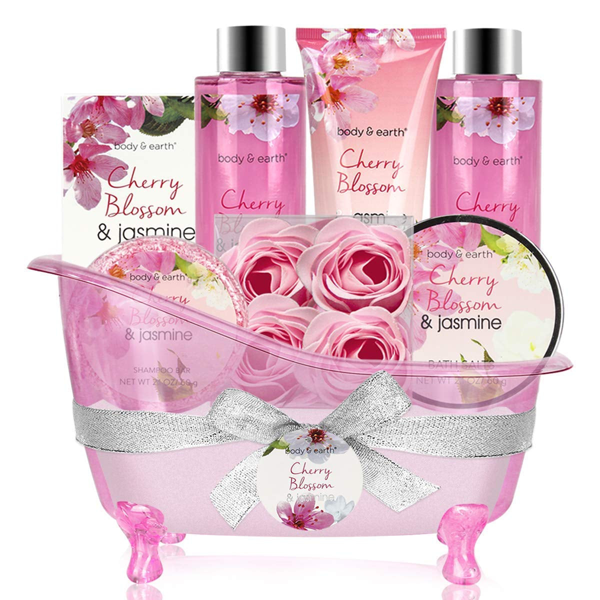 Spa Earth & Body 8 Pcs Bath Sets with Cherry Blossom & Jasmine Scent Bubble Bath,Shower Gel, Body & Hand Lotion 