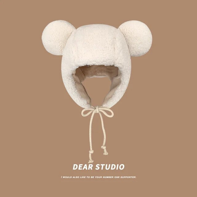 Women'S Winter Hat 2023 Fashion Solid Beanies, Cute Bear Ears , Windproof Cap Earflap Hat w/ Lamb Hair Cap