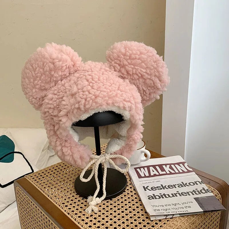 Women'S Winter Hat 2023 Fashion Solid Beanies, Cute Bear Ears , Windproof Cap Earflap Hat w/ Lamb Hair Cap