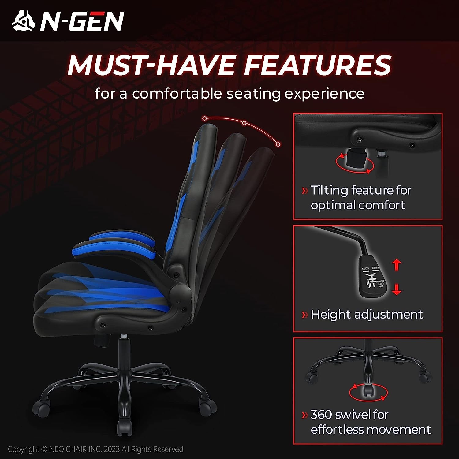 N-GEN Video Gaming Computer Chair Ergonomic Office Chair Desk Chair with Lumbar Support Flip up Arms Adjustable Height Swivel PU Leather Executive PC Chair with Wheels for Adults Women Men (Blue)
