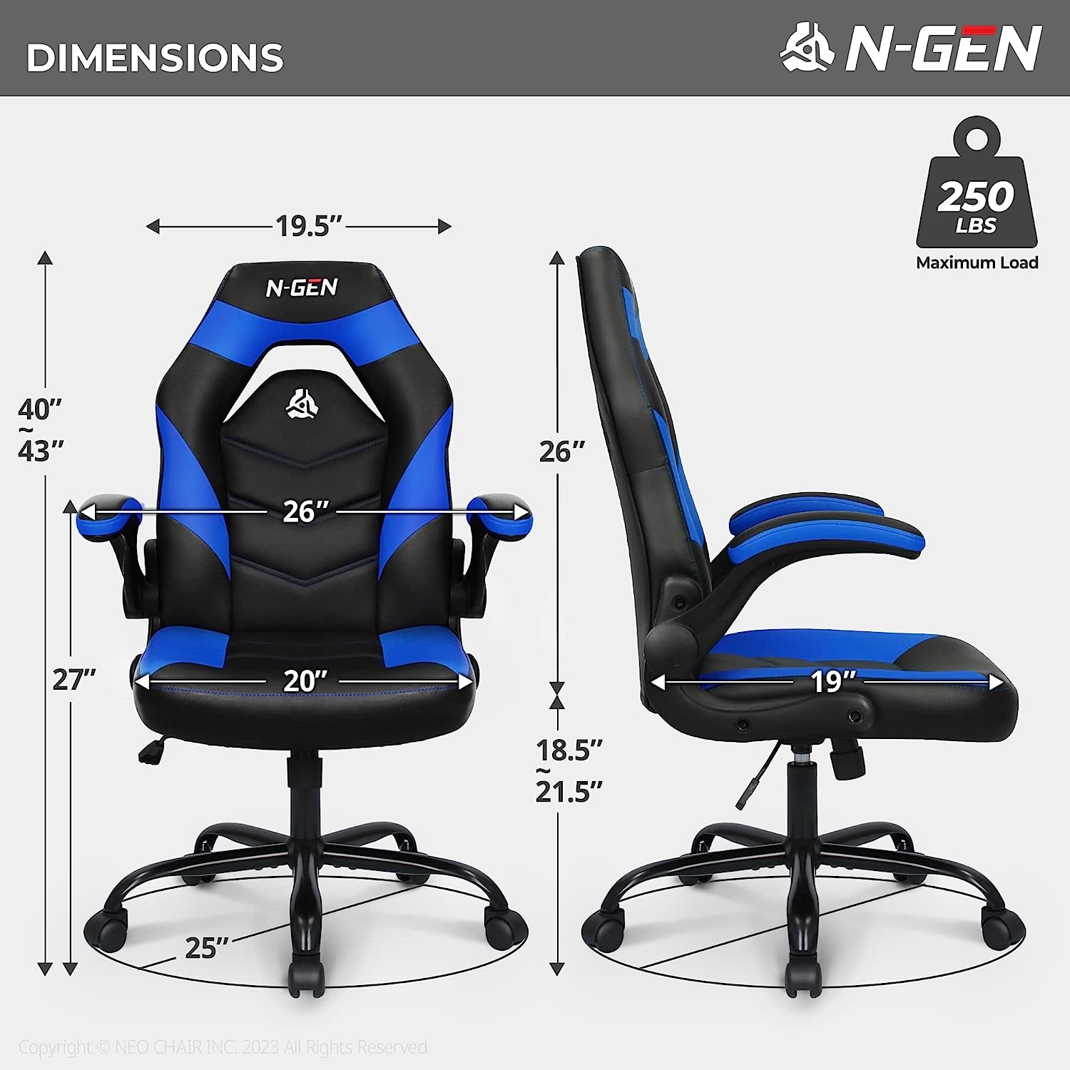 N-GEN Video Gaming Computer Chair Ergonomic Office Chair Desk Chair with Lumbar Support Flip up Arms Adjustable Height Swivel PU Leather Executive PC Chair with Wheels for Adults Women Men (Blue)