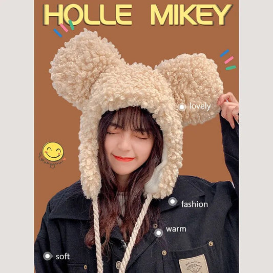 Women'S Winter Hat 2023 Fashion Solid Beanies, Cute Bear Ears , Windproof Cap Earflap Hat w/ Lamb Hair Cap