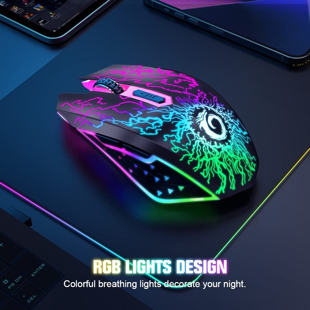 Wireless Gaming Mouse, Rechargeable Computer Mouse Mice with 7 LED Lights, 6 Programmable Buttons, 2.4G USB Nano Receiver 3 Adjustable DPI for Laptop PC Gamer Desktop Chromebook Mac-Black