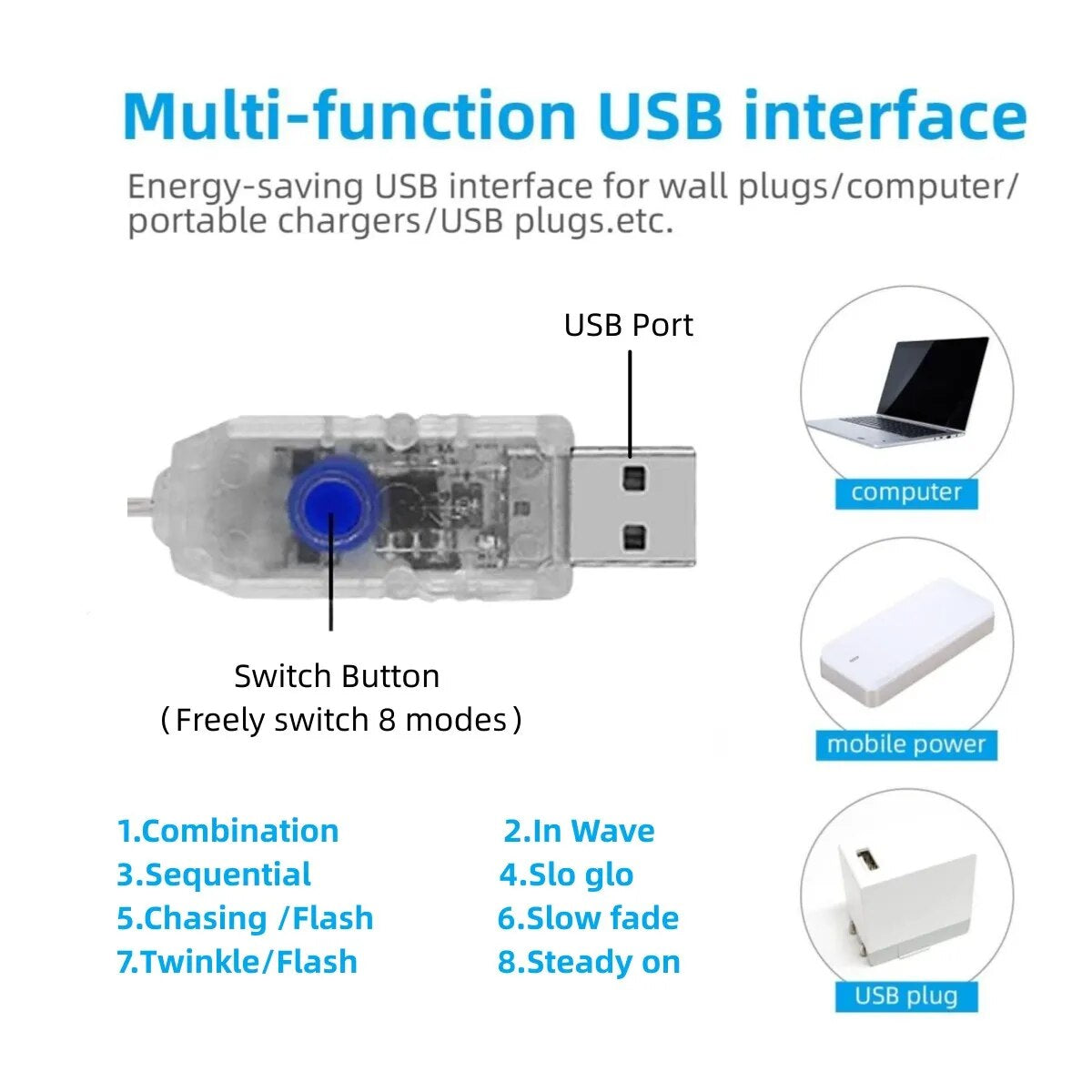 One Waterfall Light String, 9 Strip 2M/6,56FT, Christmas Lights, Eight Modes USB with Remote Control, Waterproof String Lights