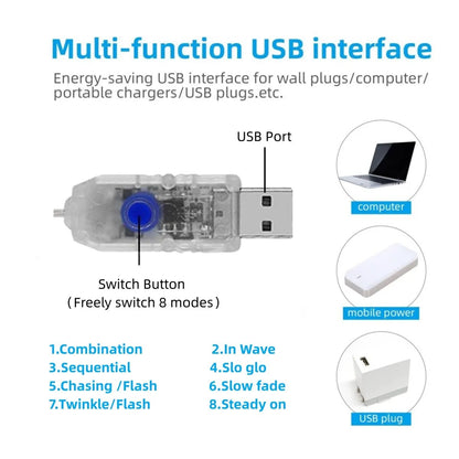 One Waterfall Light String, 9 Strip 2M/6,56FT, Christmas Lights, Eight Modes USB with Remote Control, Waterproof String Lights