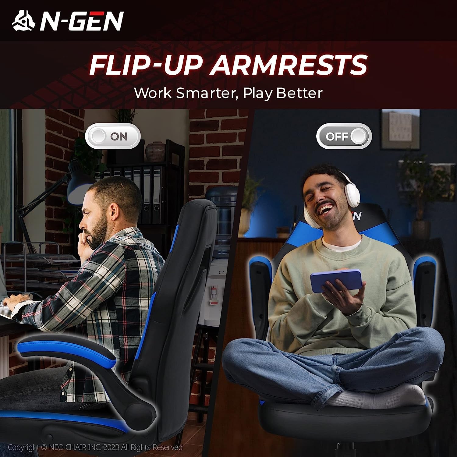 N-GEN Video Gaming Computer Chair Ergonomic Office Chair Desk Chair with Lumbar Support Flip up Arms Adjustable Height Swivel PU Leather Executive PC Chair with Wheels for Adults Women Men (Blue)