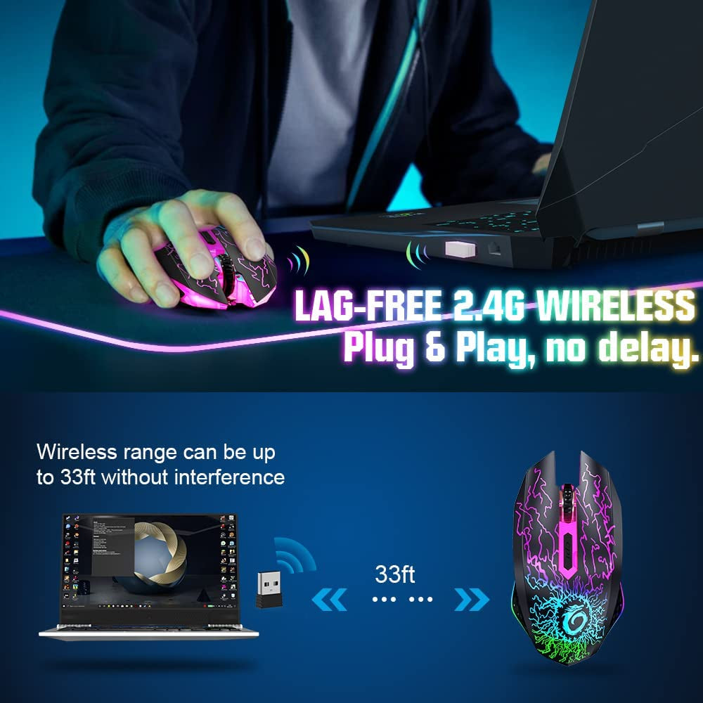 Wireless Gaming Mouse, Rechargeable Computer Mouse Mice with 7 LED Lights, 6 Programmable Buttons, 2.4G USB Nano Receiver 3 Adjustable DPI for Laptop PC Gamer Desktop Chromebook Mac-Black