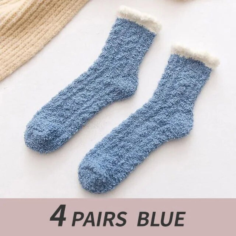 4 Pairs Winter Warm Fluffy Fuzzy Socks Thick Thermal Soft Kawaii Cold Resistance Mid Socks Coral Fleece Floor Sleep Sock