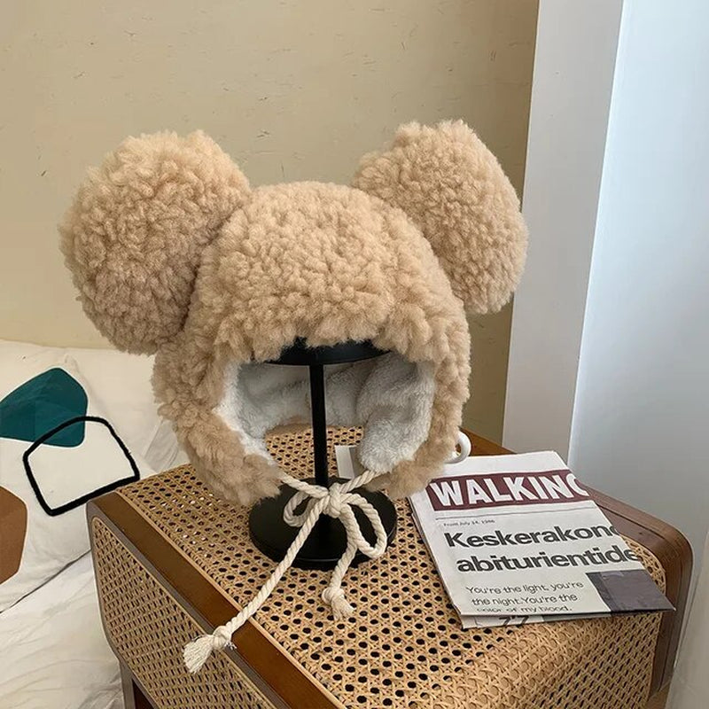 Women'S Winter Hat 2023 Fashion Solid Beanies, Cute Bear Ears , Windproof Cap Earflap Hat w/ Lamb Hair Cap