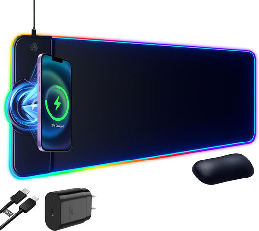 Gaming Mouse Pad with Wireless Charging,25W PD Fast Charging RGB Mousepad Gaming Accessories for Desk,Upgrade Your Gaming and Office Setup with Large Desk Pad (Black-With 25W Pd Charger)