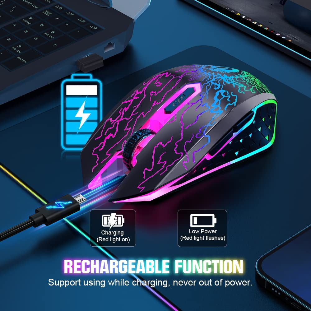 Wireless Gaming Mouse, Rechargeable Computer Mouse Mice with 7 LED Lights, 6 Programmable Buttons, 2.4G USB Nano Receiver 3 Adjustable DPI for Laptop PC Gamer Desktop Chromebook Mac-Black