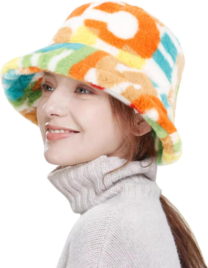 Winter Bucket Hat Fluffy Faux FurPlush Warm & Cute Fuzzy Bucket Hat for Women