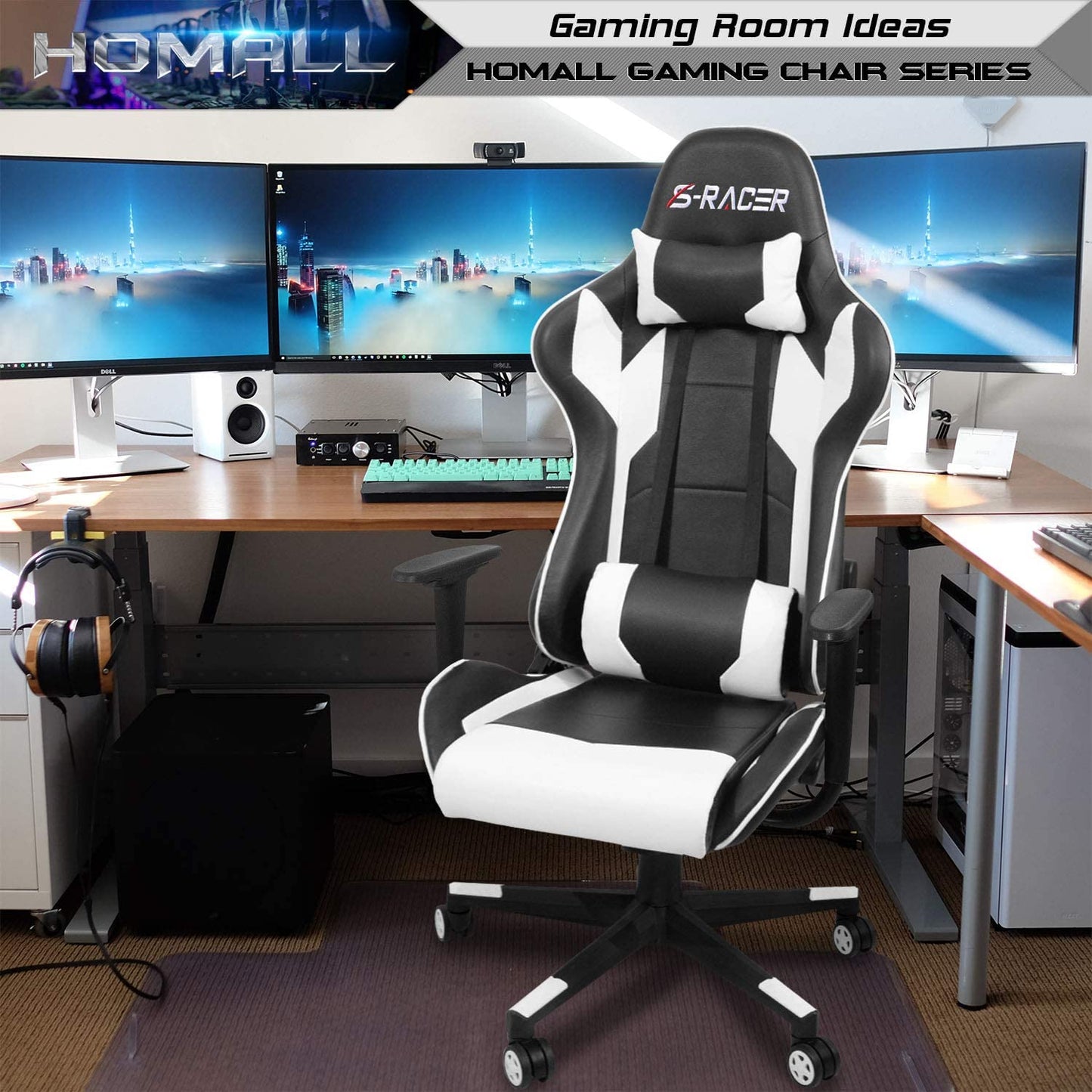 Gaming Chair, Office Chair High Back Computer Chair Leather Desk Chair Racing Executive Ergonomic Adjustable Swivel Task Chair with Headrest and Lumbar Support (White)