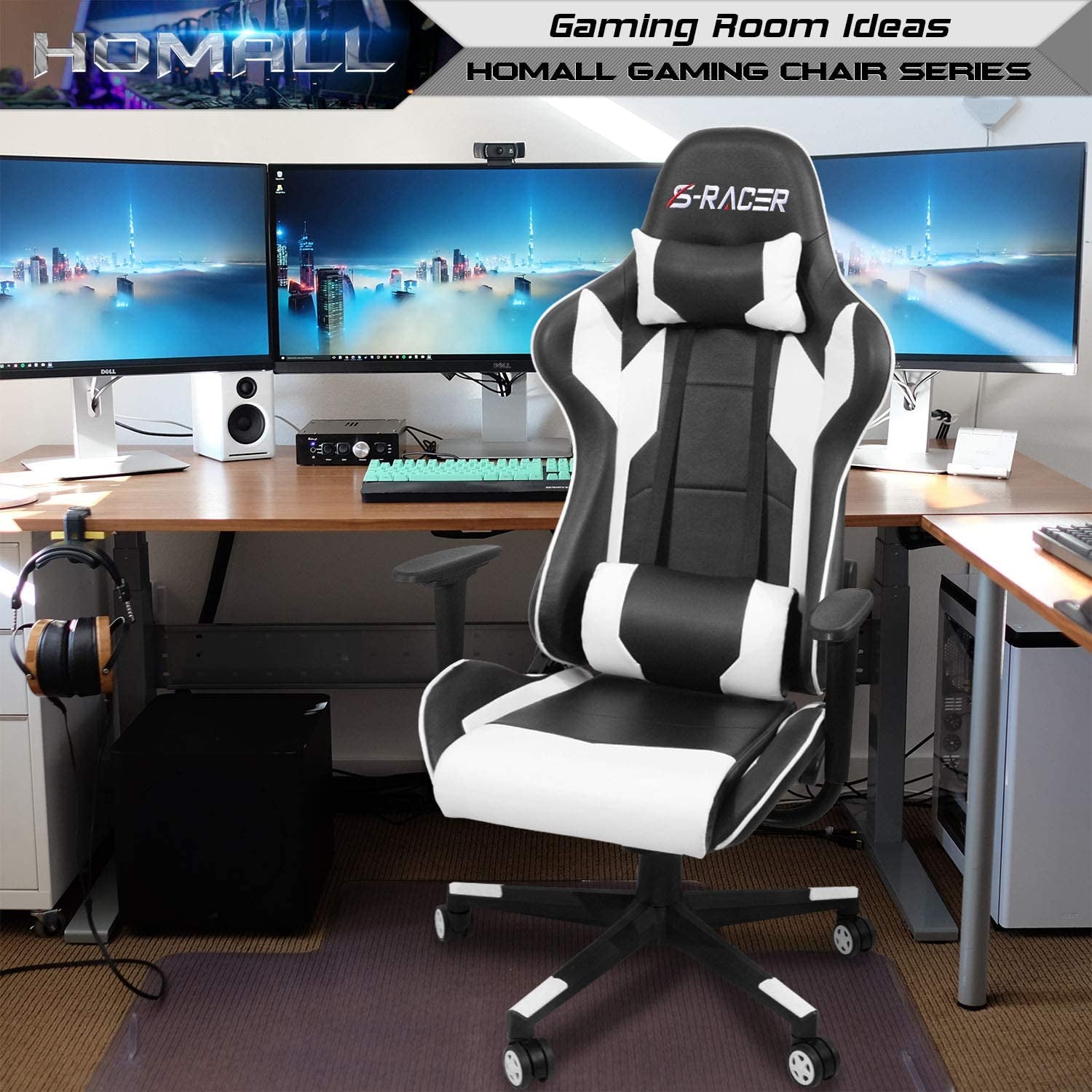 Gaming Chair, Office Chair High Back Computer Chair Leather Desk Chair Racing Executive Ergonomic Adjustable Swivel Task Chair with Headrest and Lumbar Support (White)